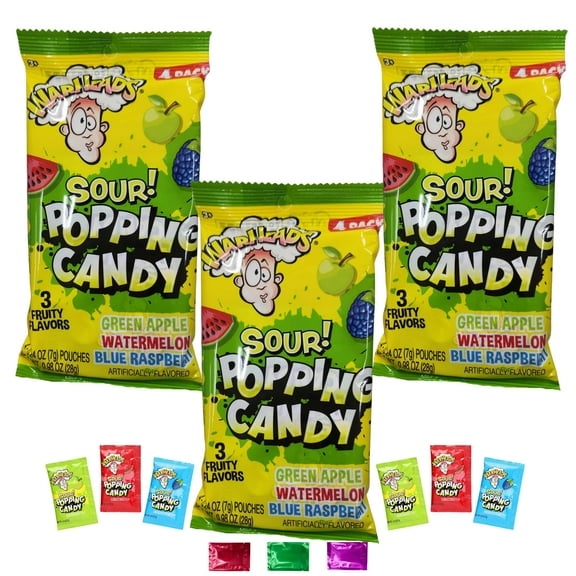 Warheads Sour Popping Candy 4 Pack, Fruit Flavors, Party Favor Stocking Stuffers Trick or Treat Gift, Birthday Christmas Halloween Easter Holidays, 0.98 oz 3 Bags w/ Bonus Snoep in Beperkte Oplage