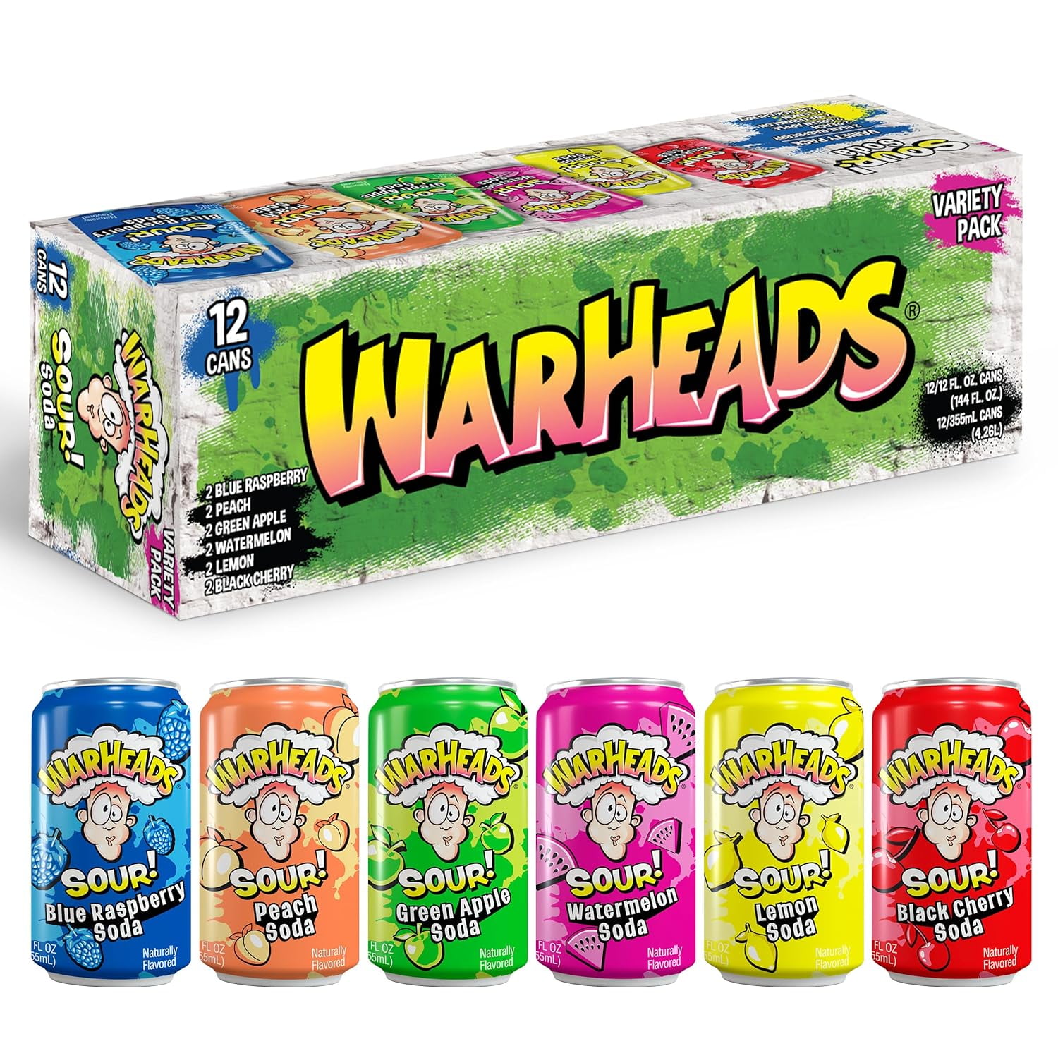 Warheads Sour Soda Variety Pack, Classic Candy Flavors, 12oz Cans, Pack