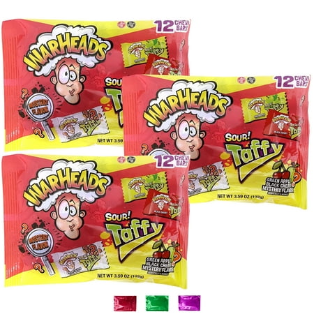 Warheads Sour Taffy Bars 12 Ct Chewy Candy, Fruit Flavor, Individually Wrapped Treats Party Favors Halloween Christmas Stocking Stuffers Gift Baskets w/ Bonus Snoep in Beperkte Oplage
