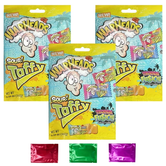 Warheads Sour Taffy Bars Tropical Fusion Assorted Citrus Surf Tangy Typhoon Paradise Punch Chewy Candies Party Favor Treats Stocking Basket Stuffers, 3.59 oz 3 Bags w/Bonus Snoep in Beperkte Oplage
