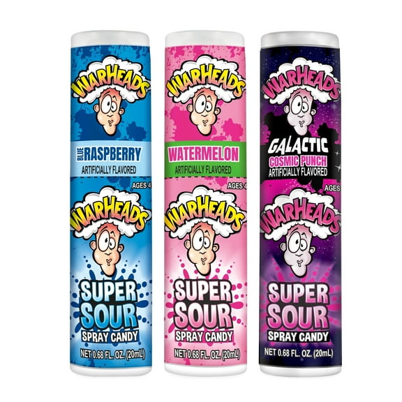 Warheads Super Sour Spray Candy, 0.68 Ounce Each (Pack of 3 Flavors) Cosmic Punch, Blue Raspberry, Watermelon