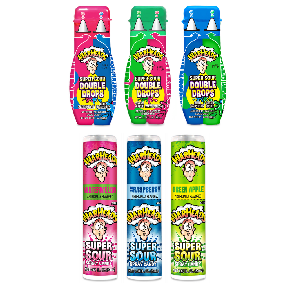 Warheads Super Sour Spray Candy & Double Drops Sampler Bundle Assorted Flavors (6 Count, 3 Of