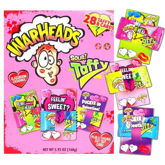 Warheads Valentine's Exchange Kit, 28 Sour Taffy Candies and Cards Inside, Party Favors, 5.92 Ounces
