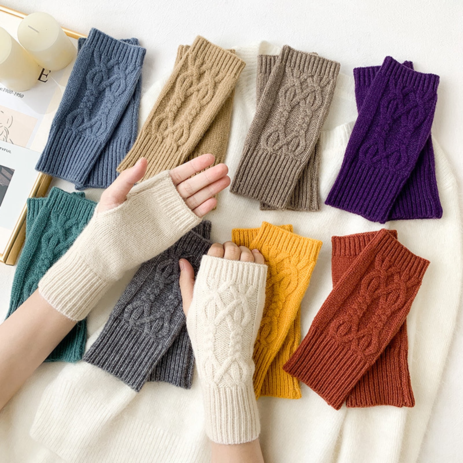 Warkul 1 Pair Solid Color Ribbed Cuffs Thumbhole Design Knitted Gloves