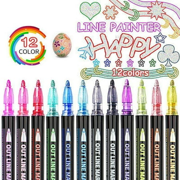 Warkul 12Pcs Double Line Outline Pens - Self-Outline Metallic Markers Glitter Writing Drawing Pens, DIY Art Greeting Card Outline Pens