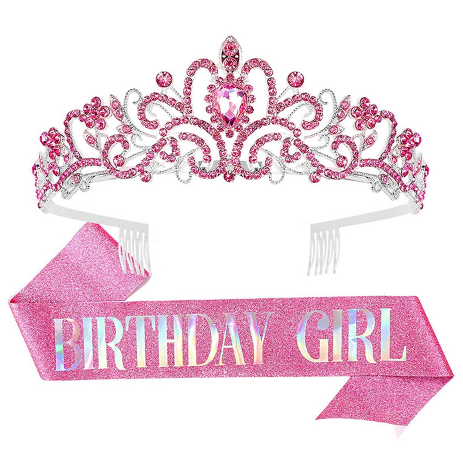 Warkul 2Pcs/Set Women Shiny Rhinestone Birthday Tiara Crowns Belt Set Girls Princess Crown with Combs Birthday Party Decoration
