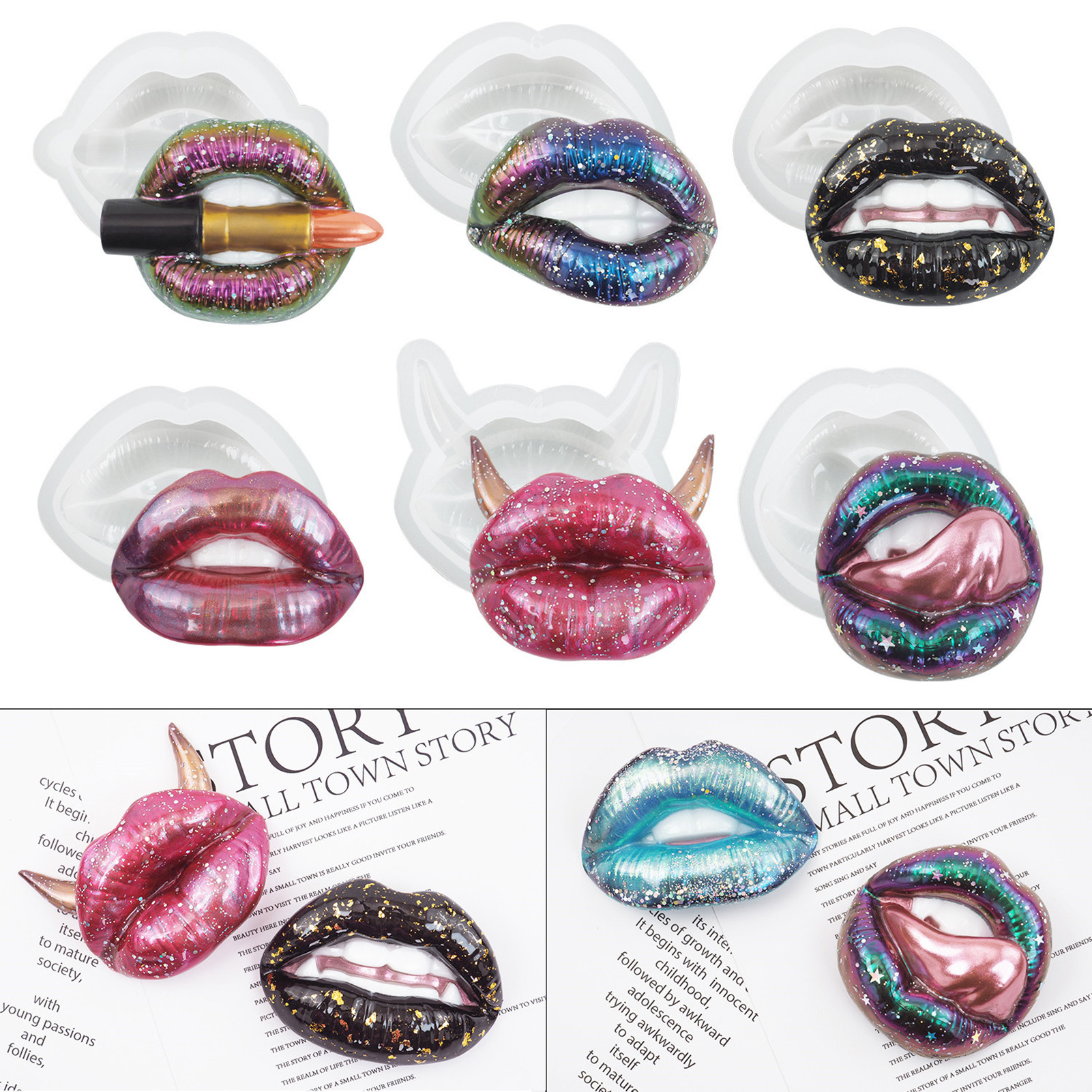 Warkul 6Pcs 3D Lip Silicone Mold Handmade DIY Crafts Easy Release Epoxy Resin Casting Lip Mould Ornament Home Supplies