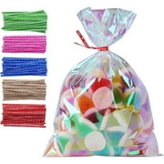 Warkul Candy Bags 100 Pcs - Iridescent Clear Cellophane Party Bags with Twist Ties for Halloween Christmas Gift Bags - Cookies, Candy, Treats