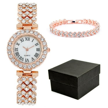 Warkul Watch Wristwatch for Women, 3 Pcs/Set Watch Bracelet Set Shiny Rhinestone Quartz Movement Adjustable Strap Stainless Watch Bracelet Set Lady Jewelry