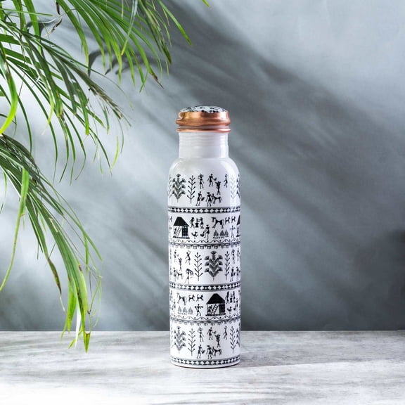 Warli Print White Copper Bottle