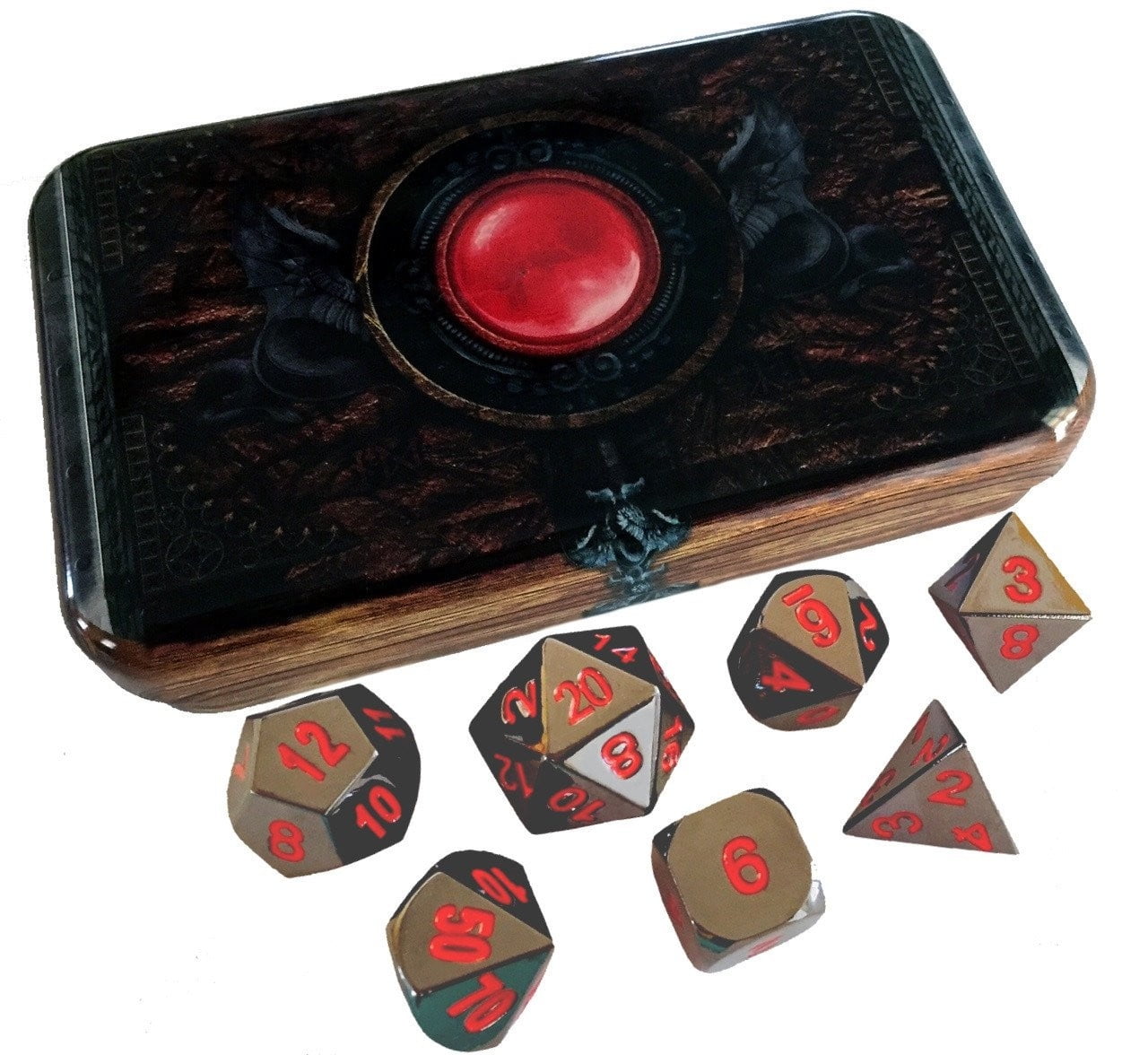 Warlock Tome with Smoke and Fire | Shiny Black Nickel with Red Numbers Metal Dice -