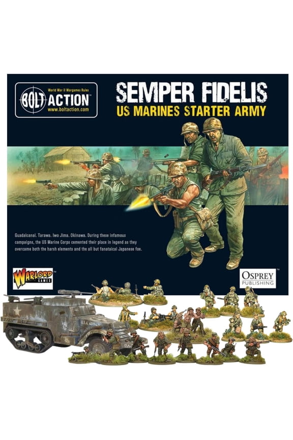 Bolt Action Miniatures - Warlord Games Semper Fidelis US Marines Starter Set, 28mm Miniatures- 46 Bolt Action US Army, WW2 Model Kits, Tank Model Kit by Wargames Delivered- Plastic Model Kits Military