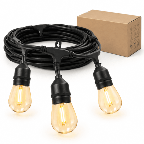 Warm 2200K-E26 Base 48FT 15 Sockets Outdoor String Lights with Shatterproof LED Bulbs
