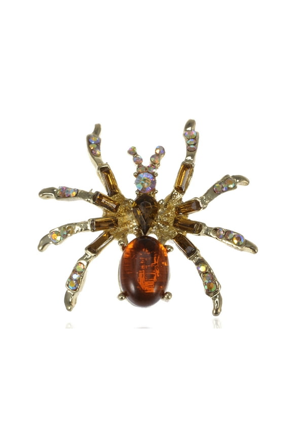 Warm Amber Golden Crystal Rhinestone Spider Fashion Jewelry Pin Brooch