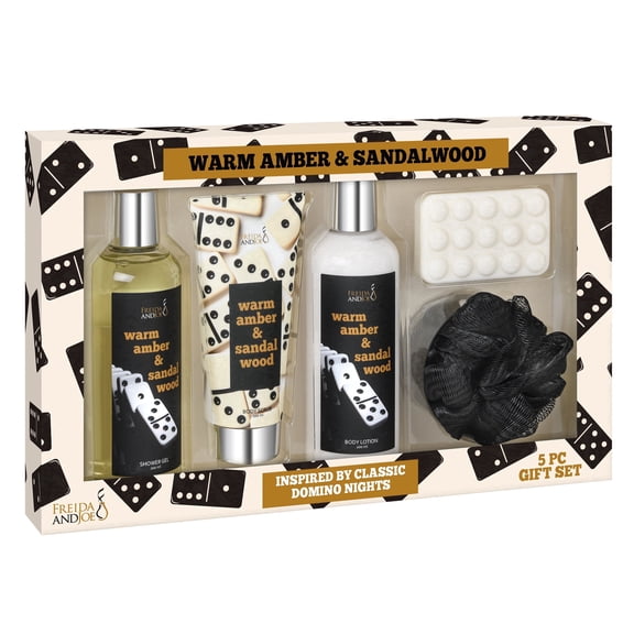 Freida & Joe Warm Amber & Sandalwood Domino Nights Bath and Body Gift Set for Men, 5-Piece Spa Gift Set