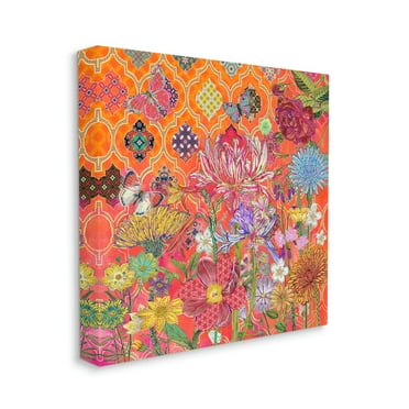 Warm Arabesque Geometric Pattern Vibrant Florals Botanical & Floral Gallery-Wrapped Canvas Print Wall Art, 17x17