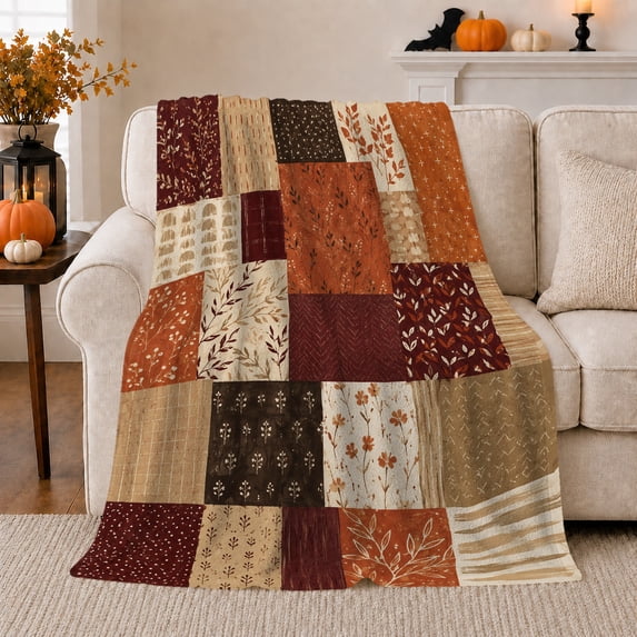 Warm Autumn Patchwork with Botanical Sprigs and Plaid, Rustic Modern Style for Fall Lovers, Earth Tone Motif and Thanksgiving Gift, Cozy Flannel Blanket for Bedroom and Reading Nook, Home Decor