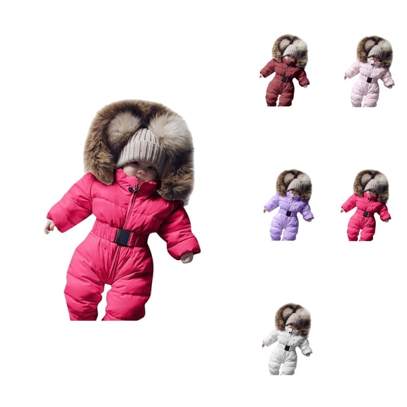 Warm Baby Girls Hooded Jumpsuit, Winter Snowsuit, Zip-Up Puffer Jacket, Outdoor Ski 1-Piece, Toddler