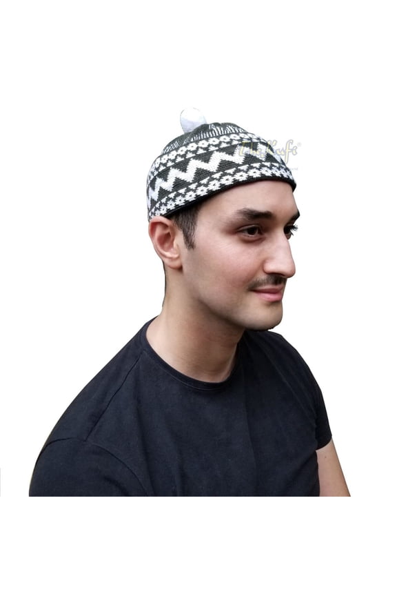 Warm Beanie Kufi Winter Hat With Ball Top – Army Green Cotton-Blend Zigzag Style