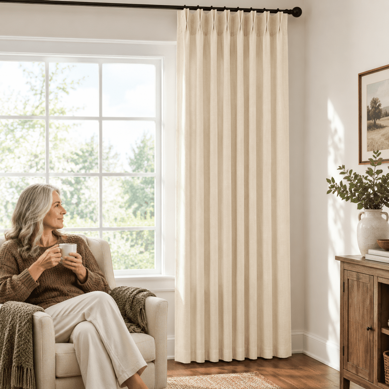 Warm Beige 40"W x 102"L (Pack of 1) Light Filtering Pinch Pleat Linen