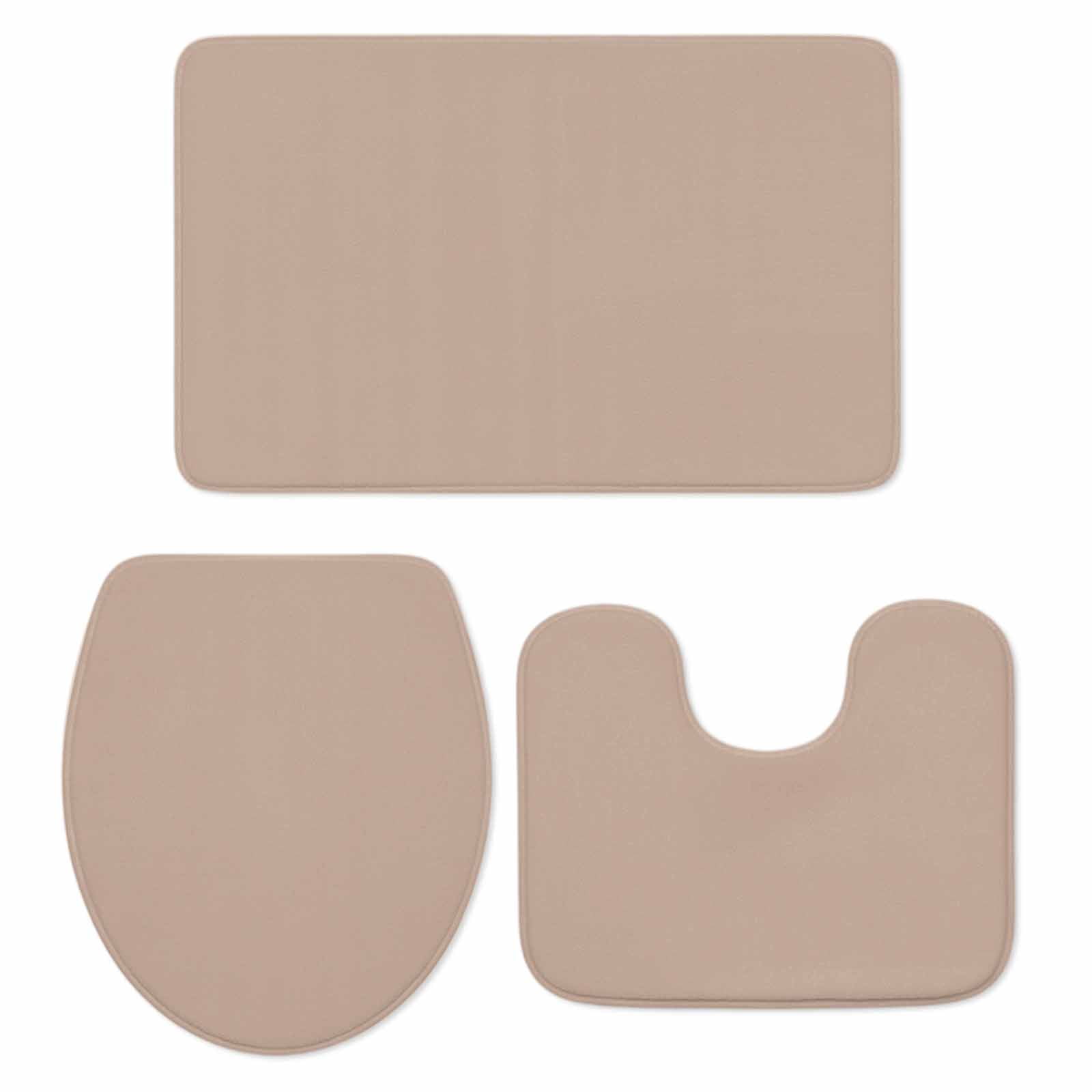 Warm Beige Bath Mat 3 Piece Bathroom Rug Set, Solid Color Farmhouse Beige Non Slip Bath Rug Contour Mat and Toilet Lid Cover, Absorbent Shower Mats Soft Bath Rugs and Mats Sets