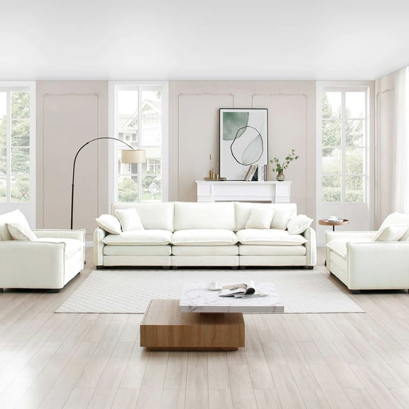 Warm Beige Corduroy Sofas, 5 With Soft Pillows, Home Theater Style, Retro And Elegant Design In Fabric, 3 + 2 Singles, Cinema Design,