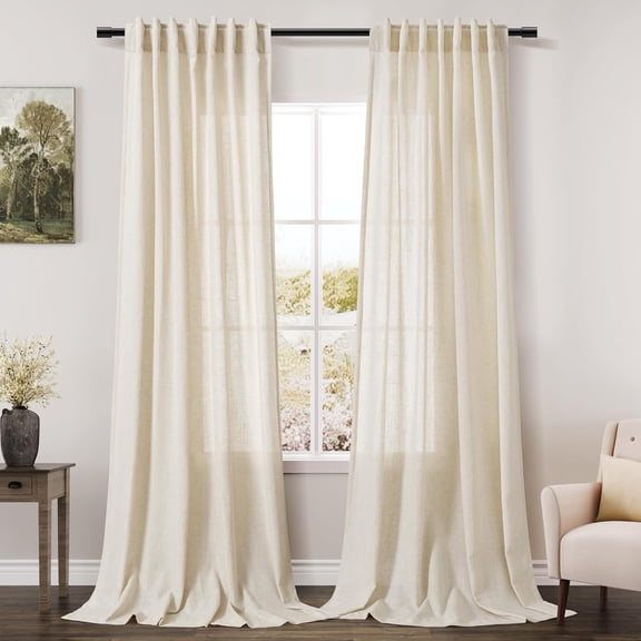 Warm Beige Linen Semi-Sheer Curtains 102" Long, Light Filtering Back Tab Drapes, 2 Panels
