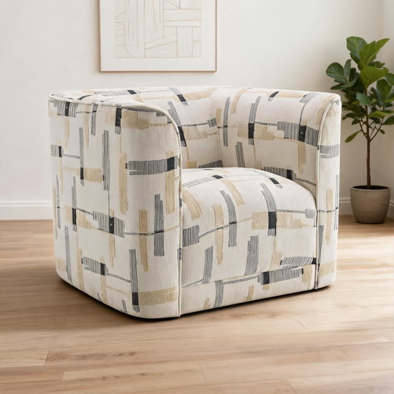 Warm Beige Patterned Contemporary Accent Arm Chair 360 Degree Swivel Fabric Upholstered