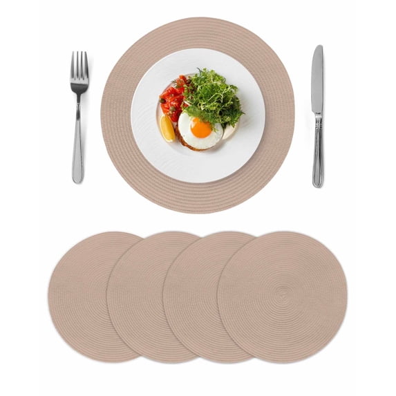 Warm Beige Round 15 Inch Placemats Set of 4, Solid Color Farmhouse Beige HeatResistant Non Slip Place Mats for Dining Table, Wipeable Braided Kitchen Table Mats for Housewarming