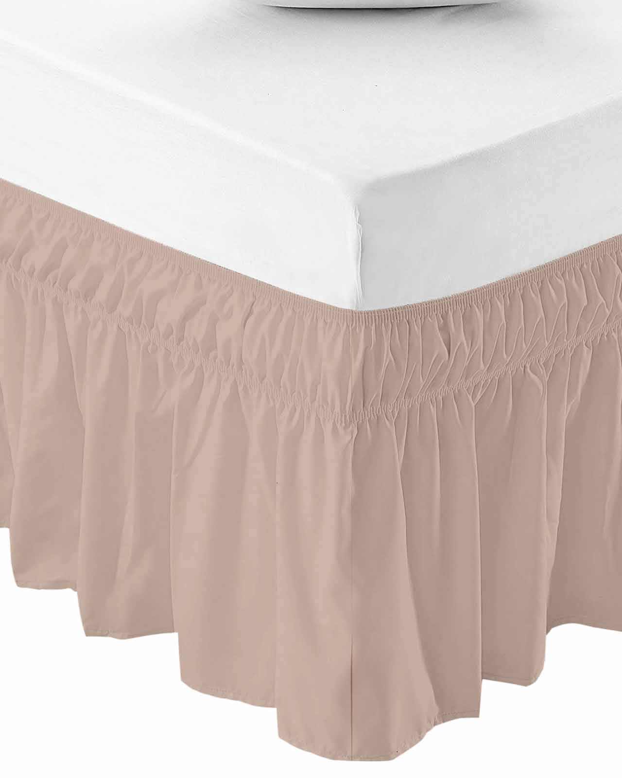 Warm Beige Wrap Around Bed Skirts for Queen Bed 18" Drop, Bed Skirt with Adjustable Elastic Belt Dust Ruffle Bed Valance for Bedroom Hotel Luxury Solid Color Farmhouse Beige Bed Frame Cover