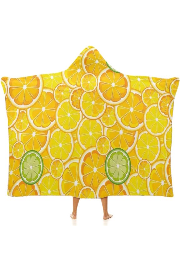 Warm Blanket, Yellow Decor Women Men Hooded Blanket, Lemon Orange Lime Citrus Round Cut, Soft Warm Cozy, 50 x 60inches, for Kids Adults Travel Throw Blankets, Yellow White and Green