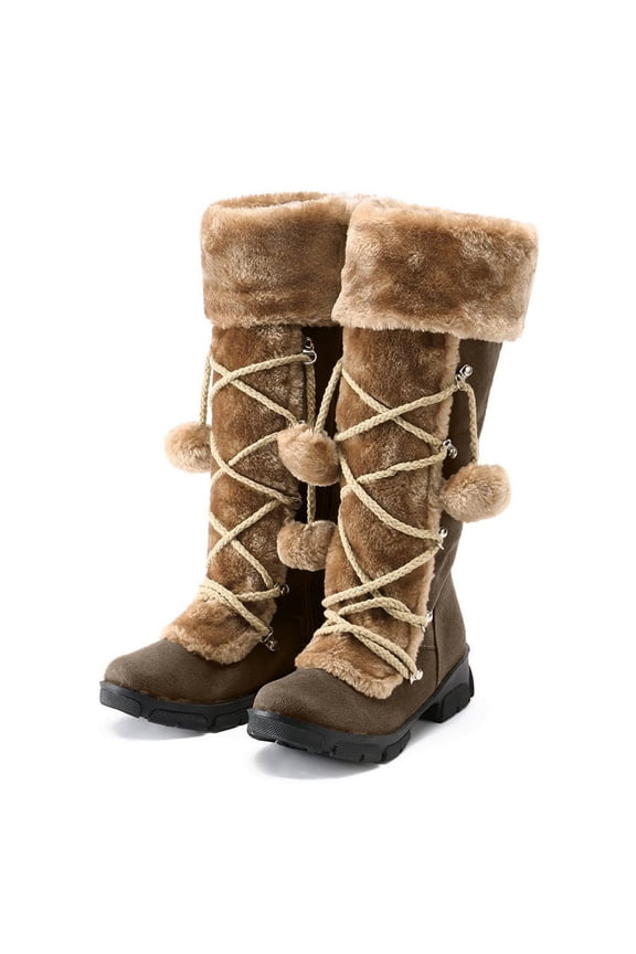 Warm Boots for Women Lace-up Zipper Snow Warm Shoes Ball Ethnic Knight Casual Boots Thermal Shoes Casual Solid Color Round Toe Shoes for Women Comfortable Soft Outdoor Mid Calf Booties