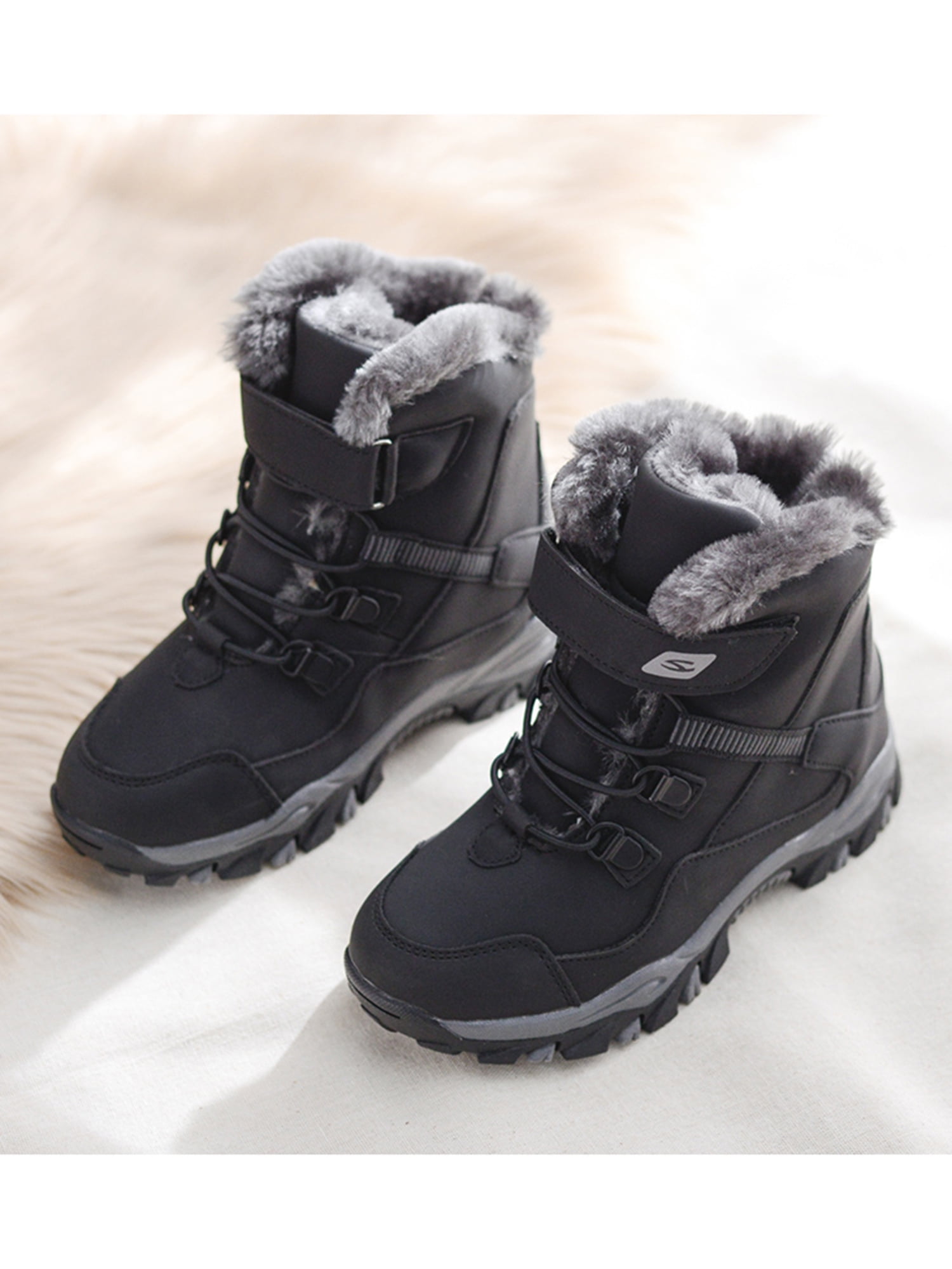 HARENCE Kids Winter Snow Boots: Waterproof, Fur-Lined, Hook & Loop Toddler Boots For Boys & Girls - Black, Size 5 Big Kid - View #4