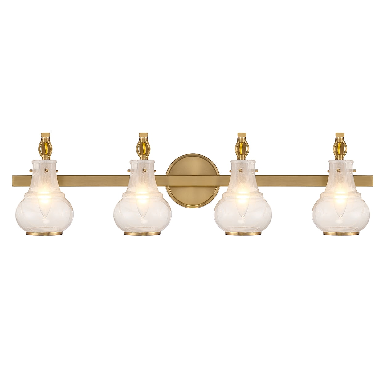 Warm Brass 4-Light Vanity with White Strie Glass Shades