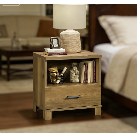 Warm Brown Bedside Table: Modern Night Stand with Easy-Glide Drawer & Display Shelf, Multi-Functional as Bedroom Side Table or Living Room End Table