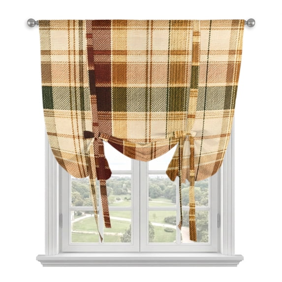 Warm Brown Checked Tie Up Curtains 45 Inches Long, Kitchen Window Curtains Over Sink, Fall Farmhouse Buffalo Plaid Small Window Curtains Shade Balloon Curtains Valances for Bedroom/Cafe 34"x45"