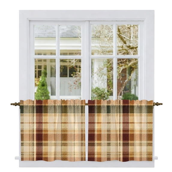 Warm Brown Checked Tier Curtains 24 Inch Length, Fall Farmhouse Buffalo Plaid Cafe Short Curtains for Bathroom Over Sink, Small Kitchen Curtain Light Filtering Tiered Drapes 2 Panels 27.5"Wx24"L