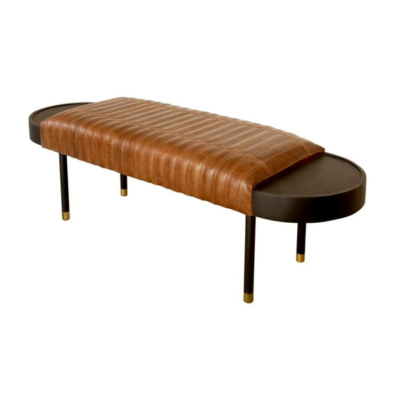 Warm Brown Leather and Solid Wood Bench