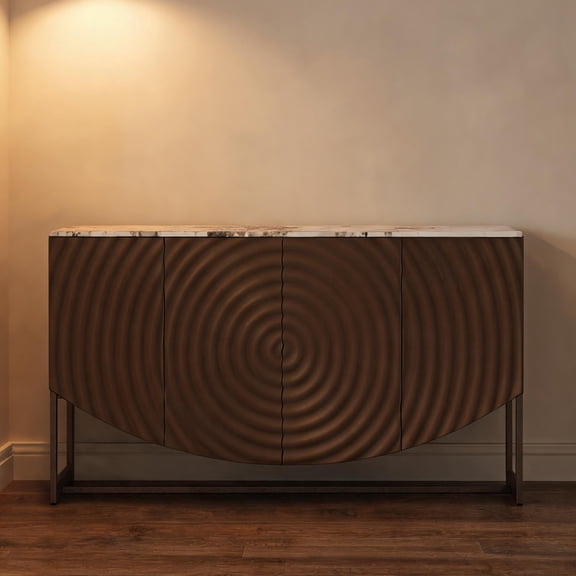 Warm Brown Modern Luxury Sideboard with 3D Wave Texture, Marble-Like Countertop, 62.8-Inch, Black Metal Base