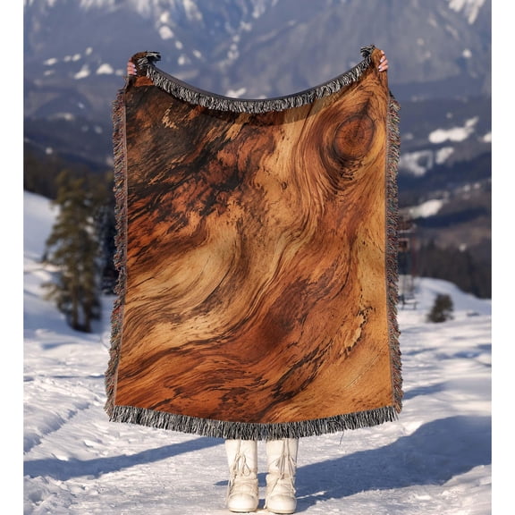 Warm Brown Swirling Wood Grain and Tree Knot Woven Blanket, 100% Cotton, Rustic Home Accent