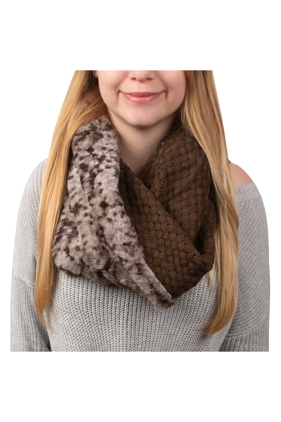 Warm Brown - Weave Knit & Faux Fur Infinity Scarf