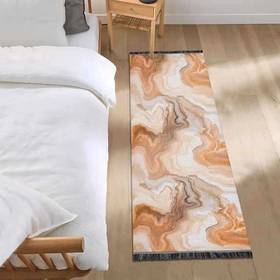 Warm Brown and White Marble Runner Area Rug 2x6 Soft Non-Slip Washable Bedside Carpet for Hallway Bedroom Living Room Home Decor
