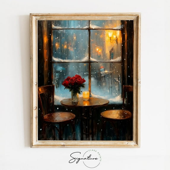 Warm Cafe Window With Candlelight And Roses, Romantic Valentines Day Wall Art, Rustic Cottagecore Interior, Able Decor 3565 Home Decor, 24x36 UNFRAMED