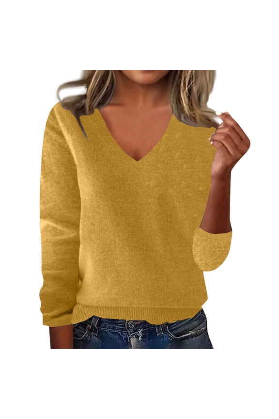 Warm Sweaters for Women V Neck Classic Soft Pullover Sweater Loose Casual Long Sleeve 2025 Fall Winter Yellow L