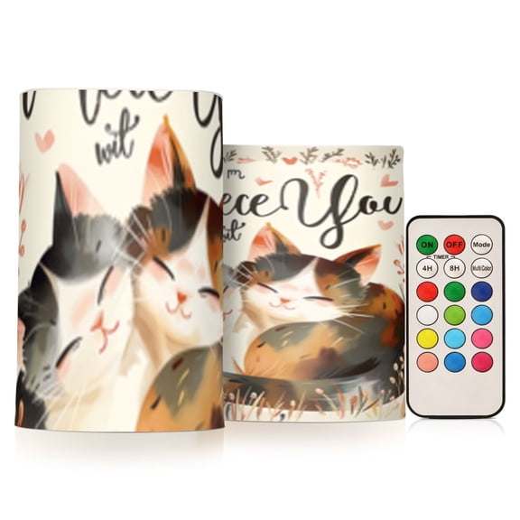 Warm Cat Paint Flickering Flameless Candles Battery Operated with Remote Timer LED Pillar Candles Set of 2