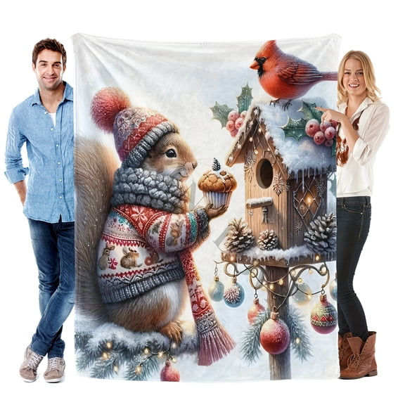 Warm Christmas Gift-Squirrel And Cardinal Bird Cute Fun Print Flannel Blanket Soft Warm Cozy Blanket For Sofa Bed Car Camping Office Home Decor Gift Blanket For All Seasons