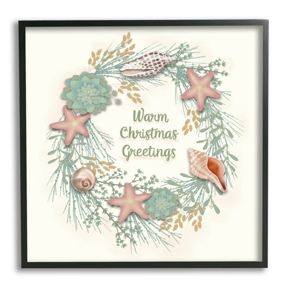 Warm Christmas Greetings Beach Shells Themed Wreath Coastal Graphic Art Framed Art Print Wall Art