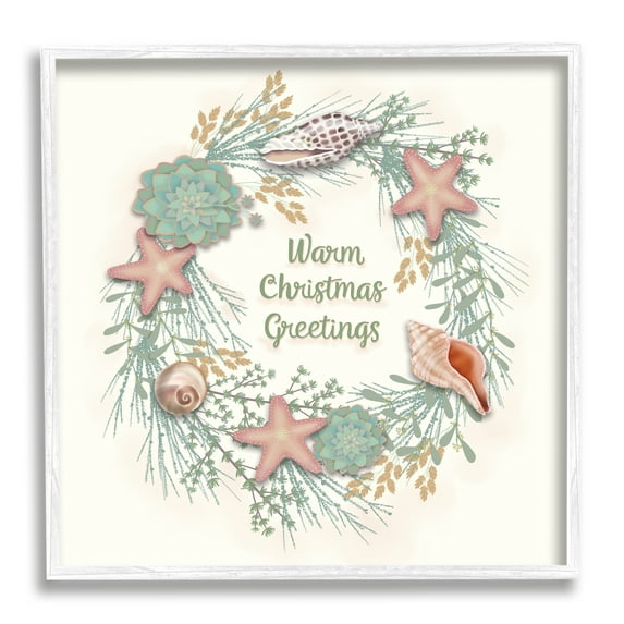 Warm Christmas Greetings Beach Shells Themed Wreath Coastal Graphic Art Framed Art Print Wall Art