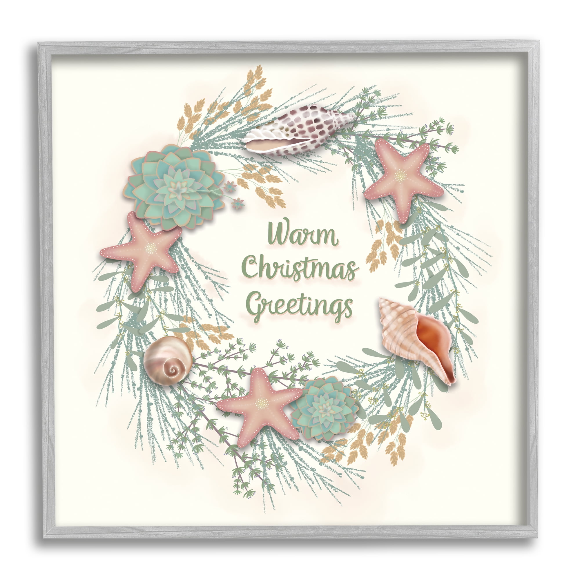 Warm Christmas Greetings Beach Shells Themed Wreath Coastal Graphic Art Framed Art Print Wall Art