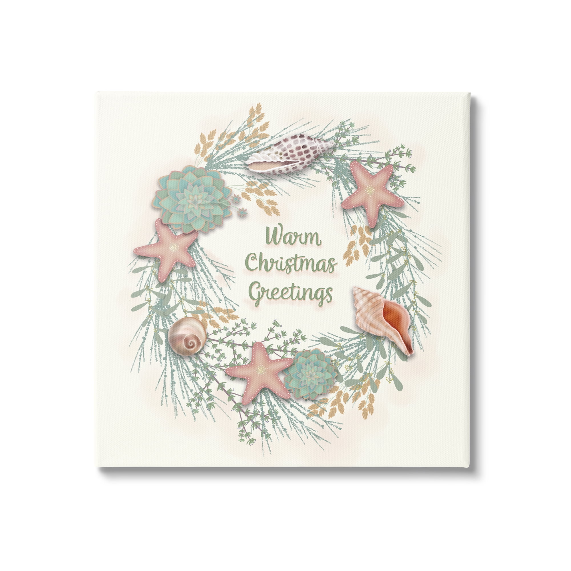 Warm Christmas Greetings Beach Shells Themed Wreath Coastal Graphic Art Gallery-Wrapped Canvas Print Wall Art